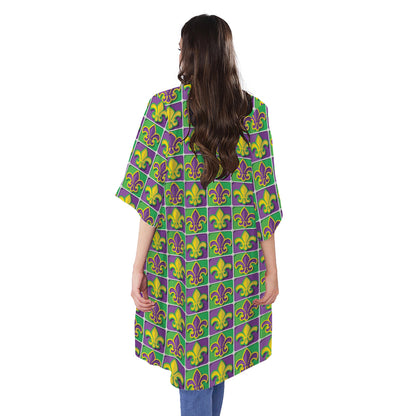 Mardi Gras Fleur De Lis Pattern Print Open Front Beach Cover Up
