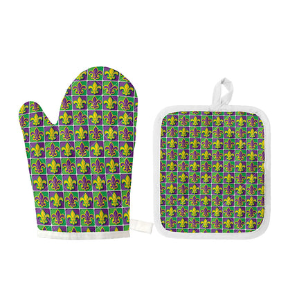 Mardi Gras Fleur De Lis Pattern Print Oven Mitt And Pot Holder Set