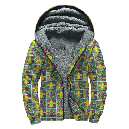 Mardi Gras Fleur De Lis Pattern Print Sherpa Lined Zip Up Hoodie