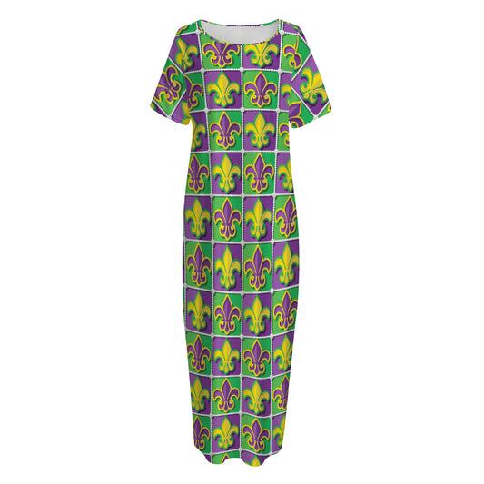 Mardi Gras Fleur De Lis Pattern Print Short Sleeve Long Nightdress