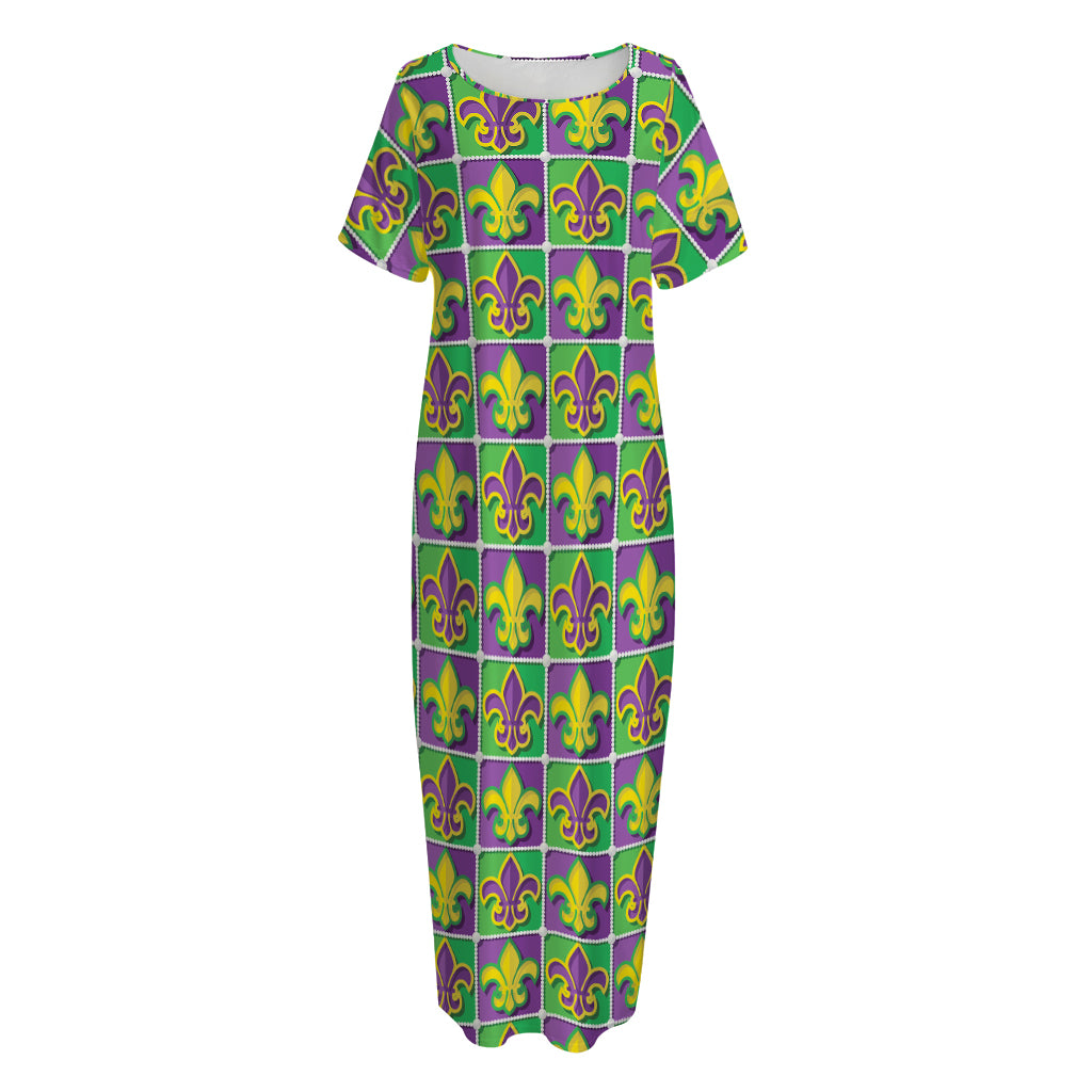 Mardi Gras Fleur De Lis Pattern Print Short Sleeve Long Nightdress