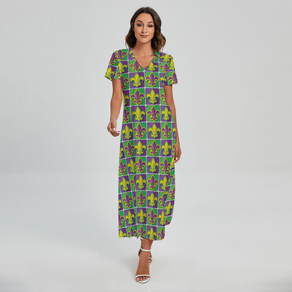 Mardi Gras Fleur De Lis Pattern Print Short Sleeve Maxi Dress