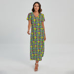 Mardi Gras Fleur De Lis Pattern Print Short Sleeve Maxi Dress