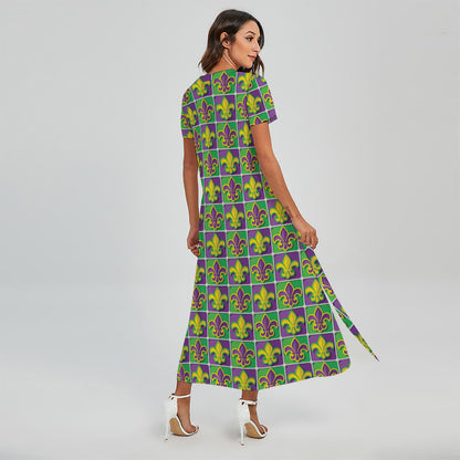 Mardi Gras Fleur De Lis Pattern Print Short Sleeve Maxi Dress