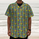 Mardi Gras Fleur De Lis Pattern Print Textured Short Sleeve Shirt