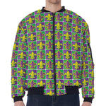 Mardi Gras Fleur De Lis Pattern Print Zip Sleeve Bomber Jacket