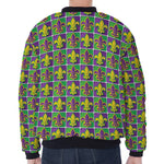 Mardi Gras Fleur De Lis Pattern Print Zip Sleeve Bomber Jacket