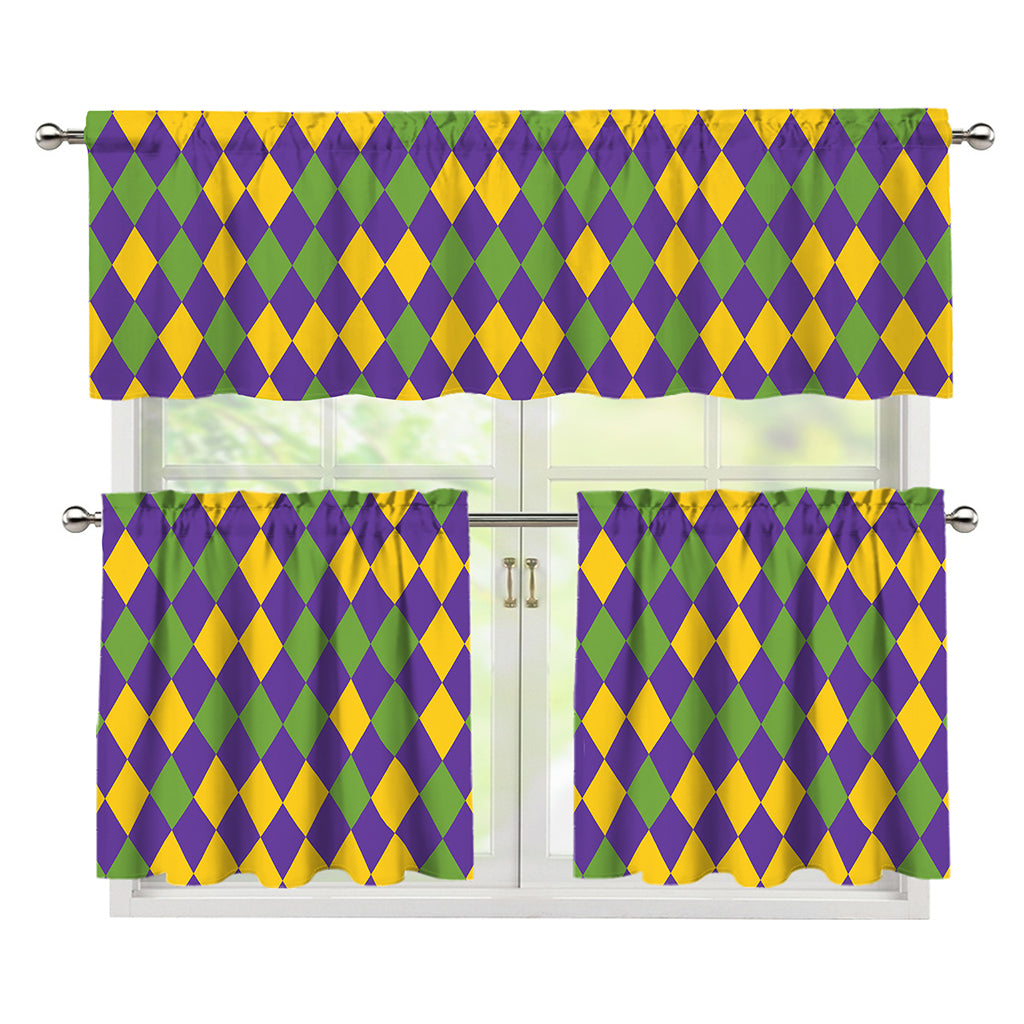 Mardi Gras Harlequin Pattern Print 3 Piece Kitchen Curtains