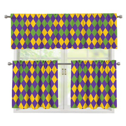 Mardi Gras Harlequin Pattern Print 3 Piece Kitchen Curtains