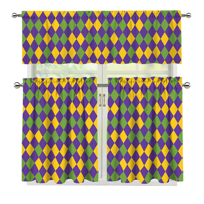Mardi Gras Harlequin Pattern Print 3 Piece Kitchen Curtains