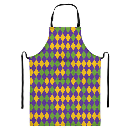 Mardi Gras Harlequin Pattern Print Bib Apron With Pocket
