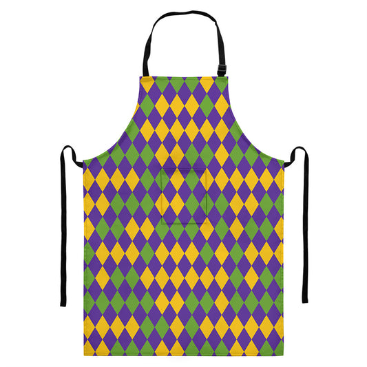 Mardi Gras Harlequin Pattern Print Bib Apron With Pocket