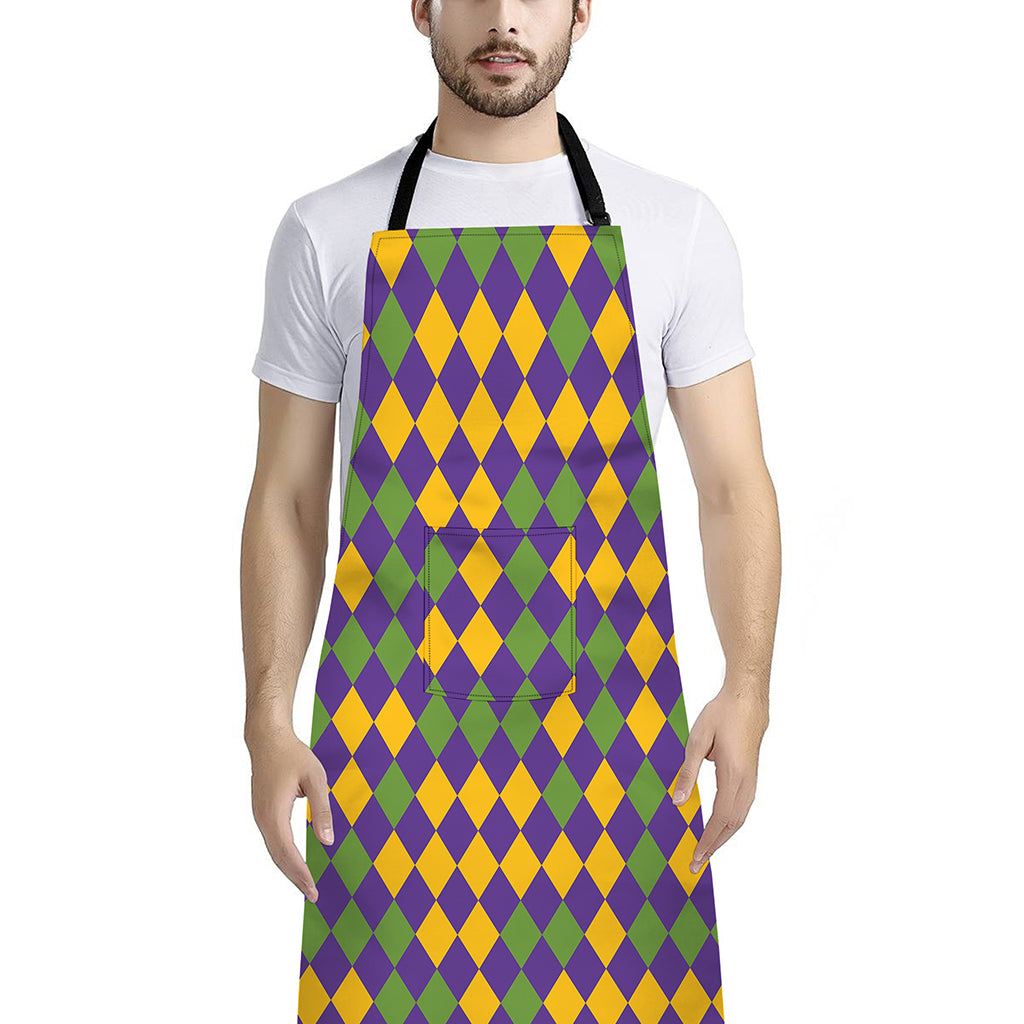 Mardi Gras Harlequin Pattern Print Bib Apron With Pocket