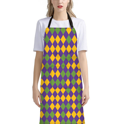 Mardi Gras Harlequin Pattern Print Bib Apron With Pocket