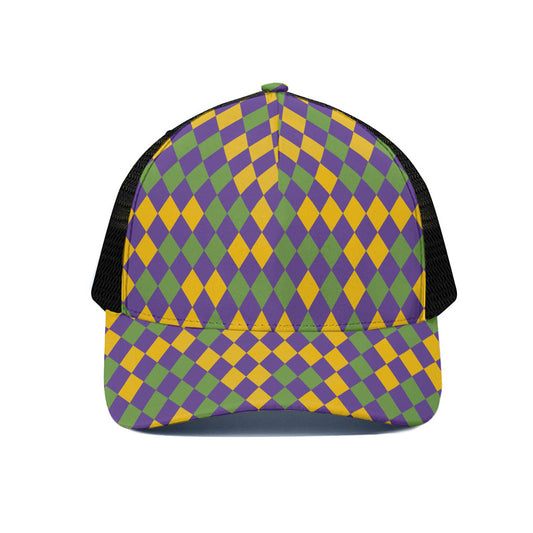 Mardi Gras Harlequin Pattern Print Black Mesh Trucker Cap