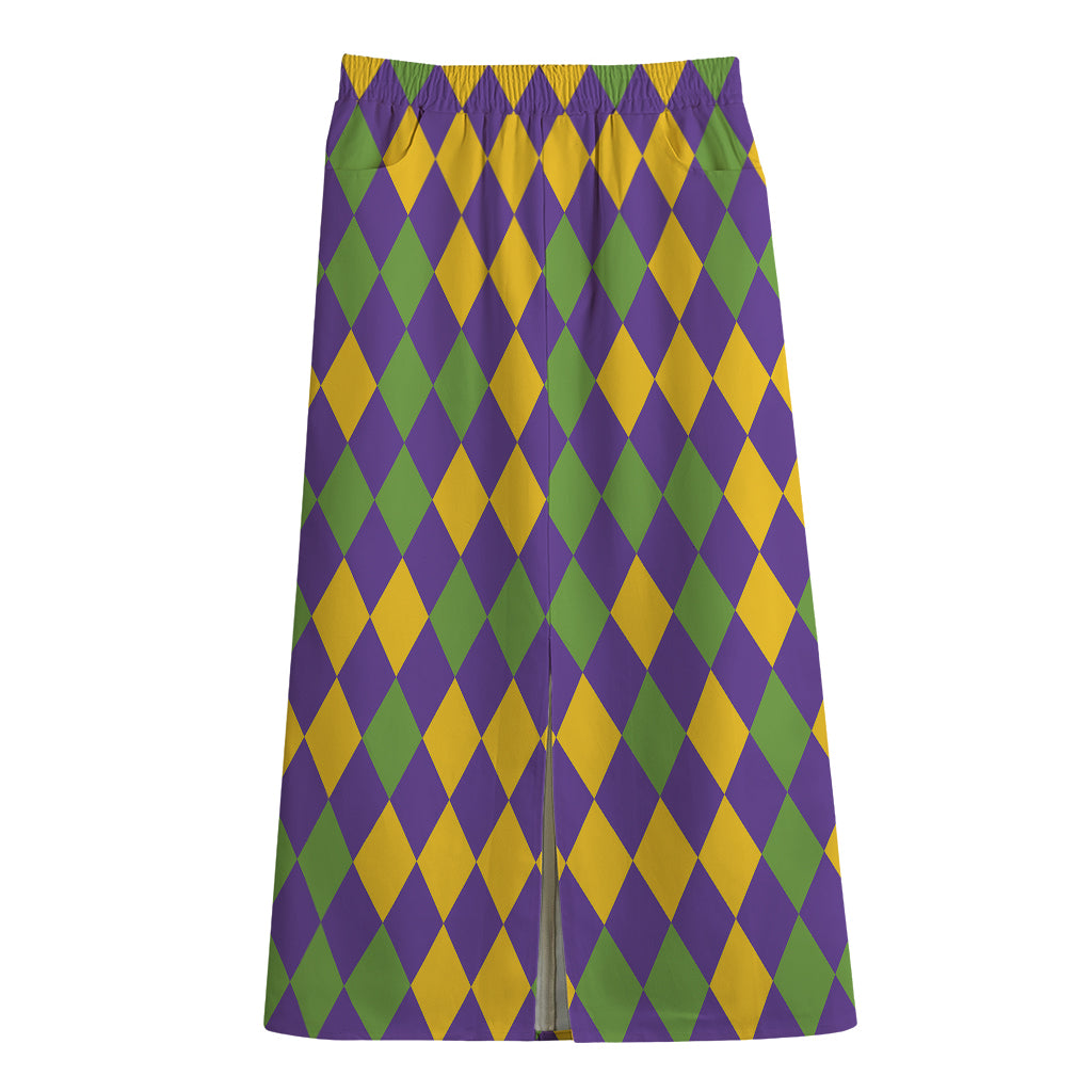 Mardi Gras Harlequin Pattern Print Cotton Front Slit Maxi Skirt