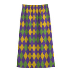 Mardi Gras Harlequin Pattern Print Cotton Front Slit Maxi Skirt