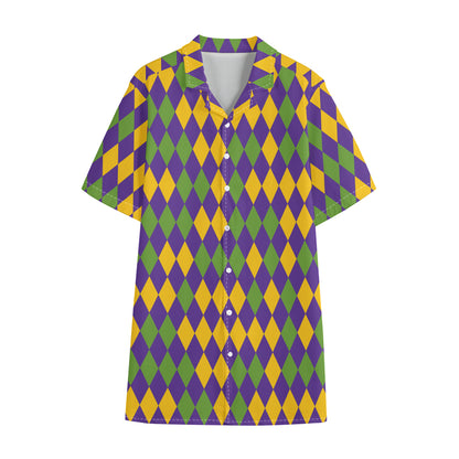 Mardi Gras Harlequin Pattern Print Cotton Hawaiian Shirt