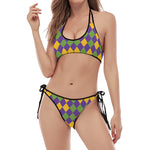 Mardi Gras Harlequin Pattern Print Halter Scoop Tie Side Bikini