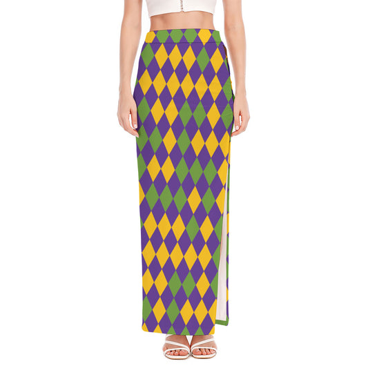 Mardi Gras Harlequin Pattern Print High Slit Maxi Skirt