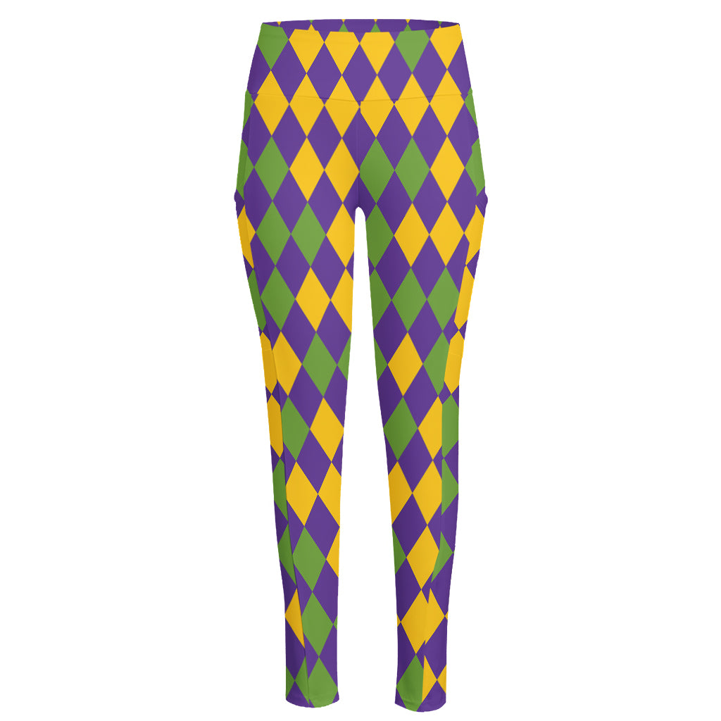 Mardi Gras Harlequin Pattern Print High-Waisted Pocket Leggings
