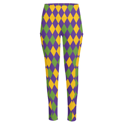Mardi Gras Harlequin Pattern Print High-Waisted Pocket Leggings