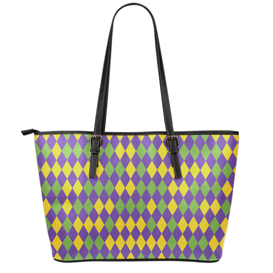 Mardi Gras Harlequin Pattern Print Leather Tote Bag