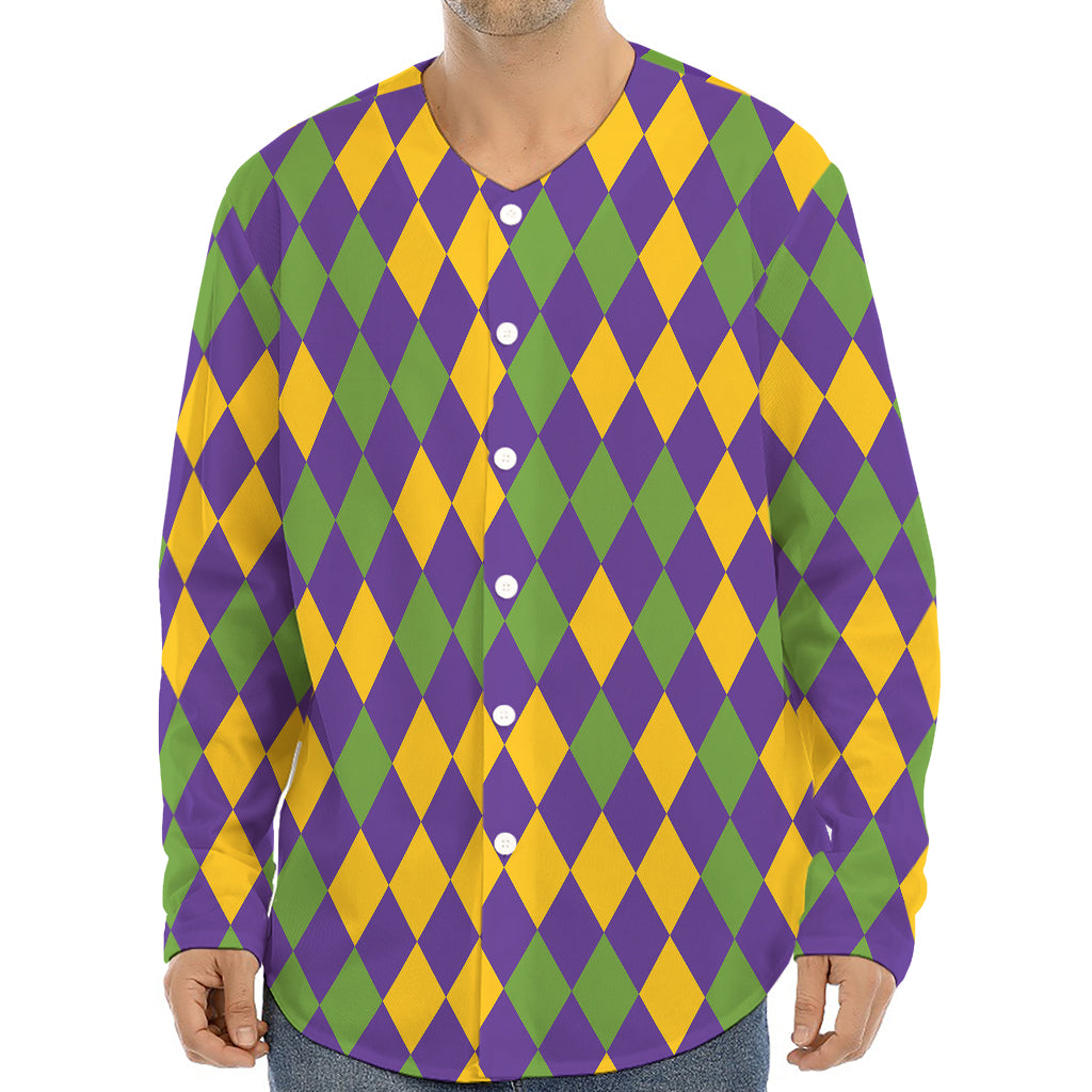 Mardi Gras Harlequin Pattern Print Long Sleeve Baseball Jersey