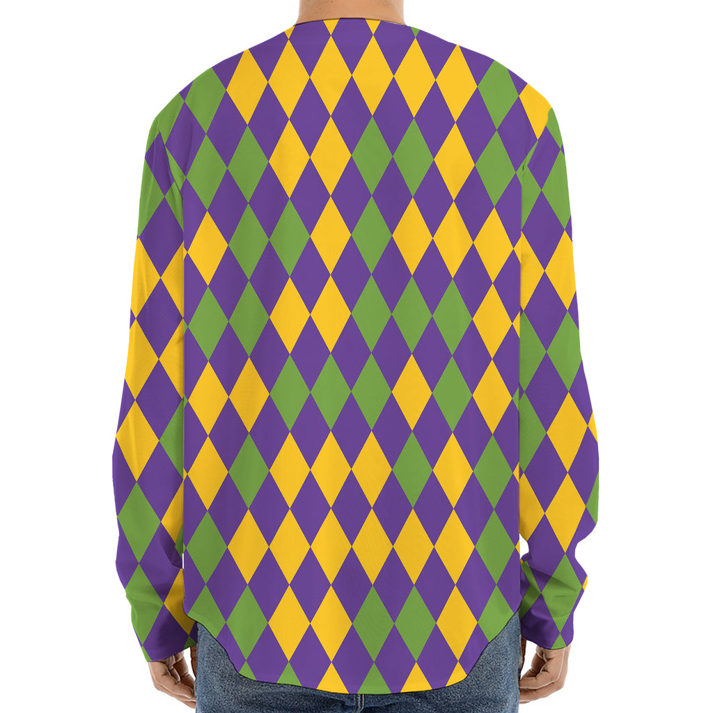 Mardi Gras Harlequin Pattern Print Long Sleeve Baseball Jersey