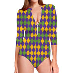 Mardi Gras Harlequin Pattern Print Long Sleeve Swimsuit