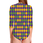 Mardi Gras Harlequin Pattern Print Long Sleeve Swimsuit