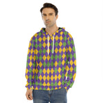 Mardi Gras Harlequin Pattern Print Men's Velvet Pullover Hoodie