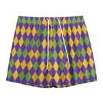 Mardi Gras Harlequin Pattern Print Mesh Shorts