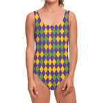 Mardi Gras Harlequin Pattern Print One Piece Swimsuit
