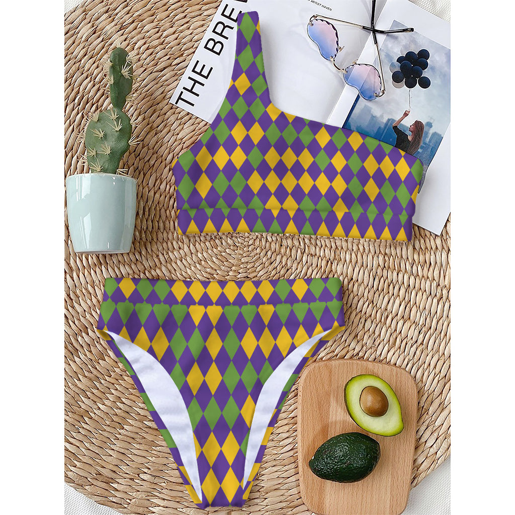 Mardi Gras Harlequin Pattern Print One Shoulder Bikini Top