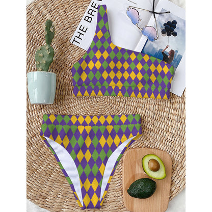 Mardi Gras Harlequin Pattern Print One Shoulder Bikini Top