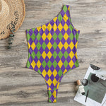 Mardi Gras Harlequin Pattern Print One Shoulder Bodysuit