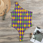 Mardi Gras Harlequin Pattern Print One Shoulder Bodysuit