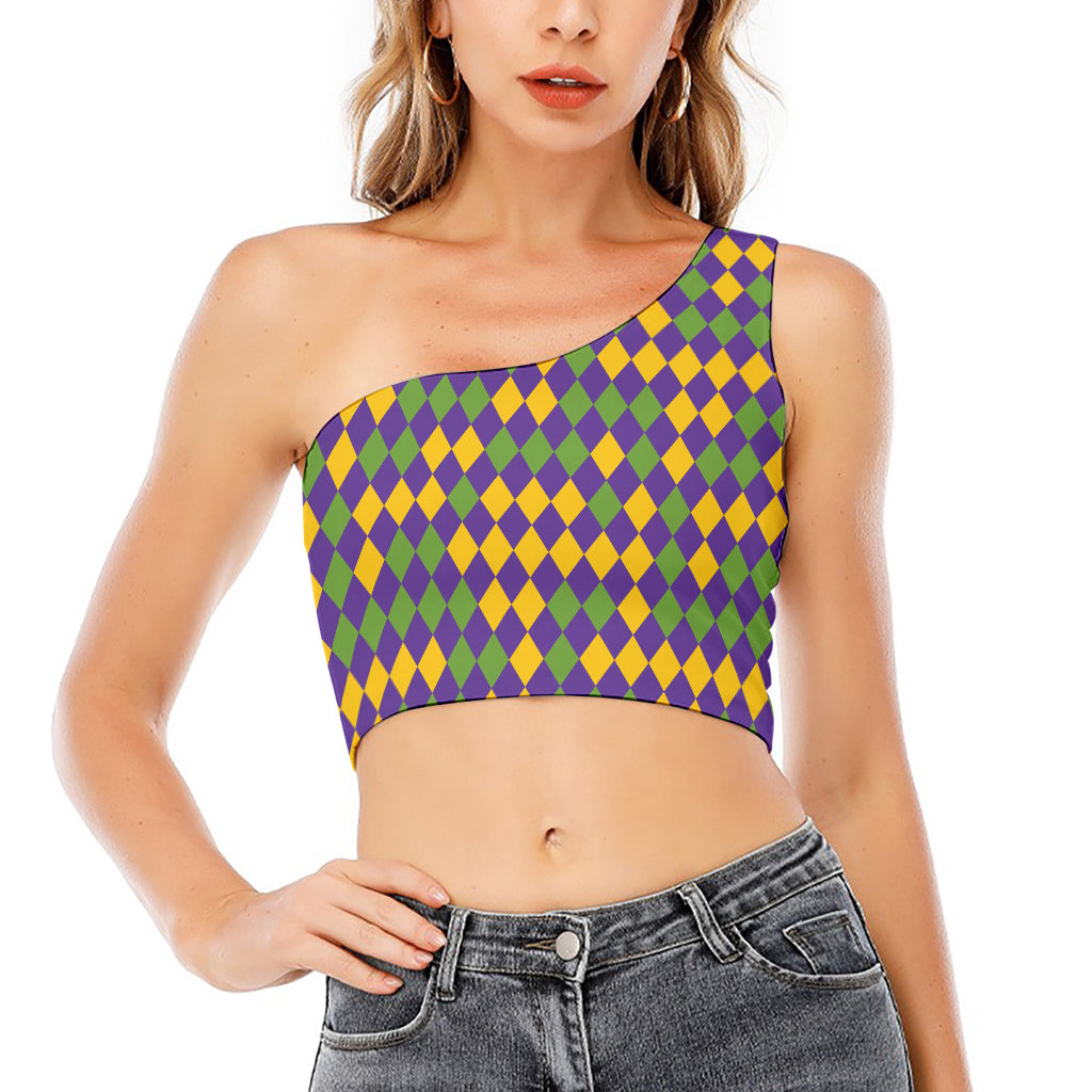 Mardi Gras Harlequin Pattern Print One Shoulder Crop Top