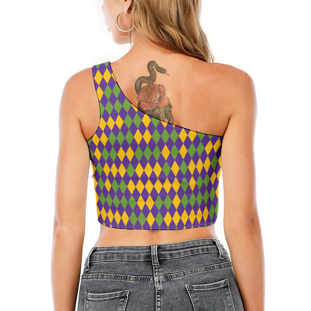 Mardi Gras Harlequin Pattern Print One Shoulder Crop Top