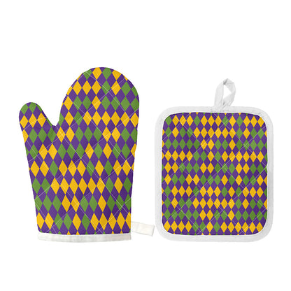 Mardi Gras Harlequin Pattern Print Oven Mitt And Pot Holder Set