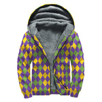 Mardi Gras Harlequin Pattern Print Sherpa Lined Zip Up Hoodie