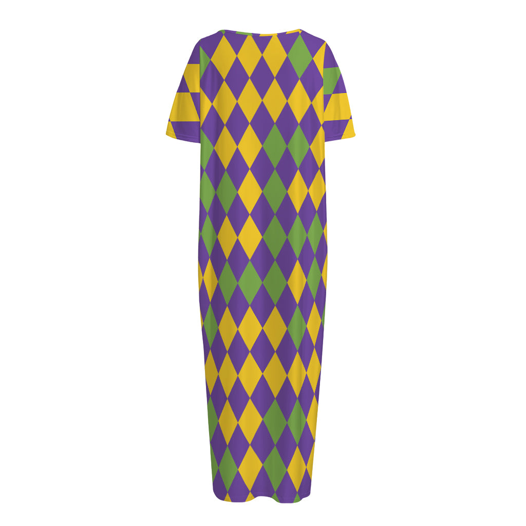 Mardi Gras Harlequin Pattern Print Short Sleeve Long Nightdress