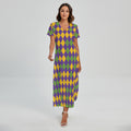 Mardi Gras Harlequin Pattern Print Short Sleeve Maxi Dress
