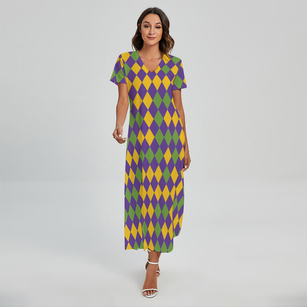 Mardi Gras Harlequin Pattern Print Short Sleeve Maxi Dress