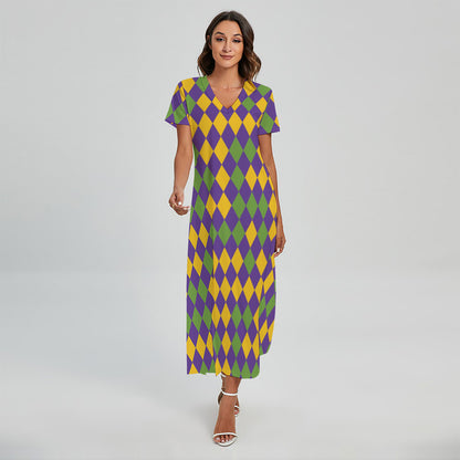 Mardi Gras Harlequin Pattern Print Short Sleeve Maxi Dress