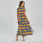 Mardi Gras Harlequin Pattern Print Short Sleeve Maxi Dress