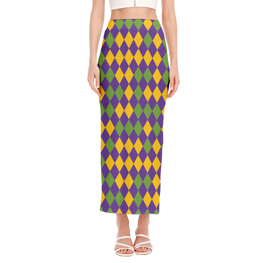 Mardi Gras Harlequin Pattern Print Side Slit Maxi Skirt