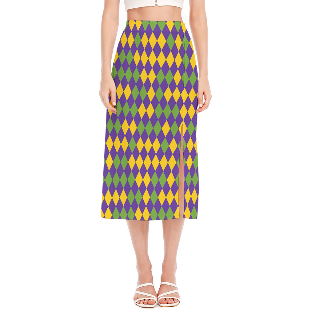 Mardi Gras Harlequin Pattern Print Side Slit Midi Skirt