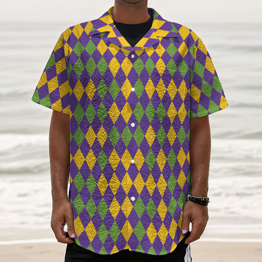 Mardi Gras Harlequin Pattern Print Textured Short Sleeve Shirt